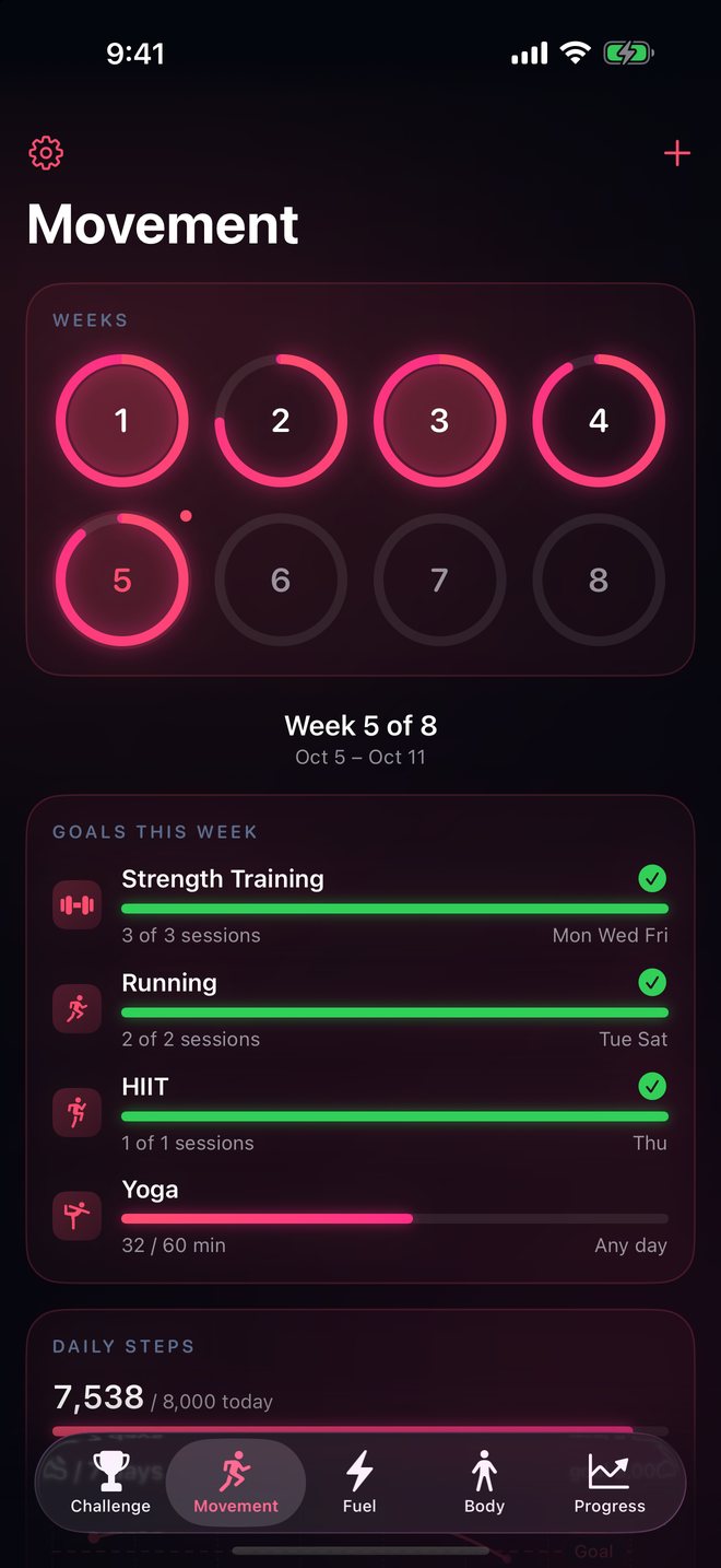 Movement screen with weekly goal rings and this week's plan