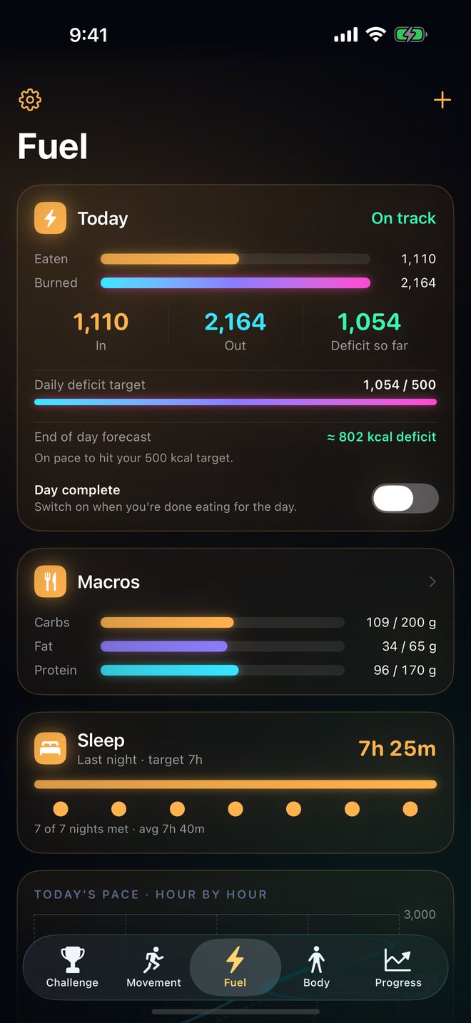 Fuel screen showing calories in and out, macros and sleep